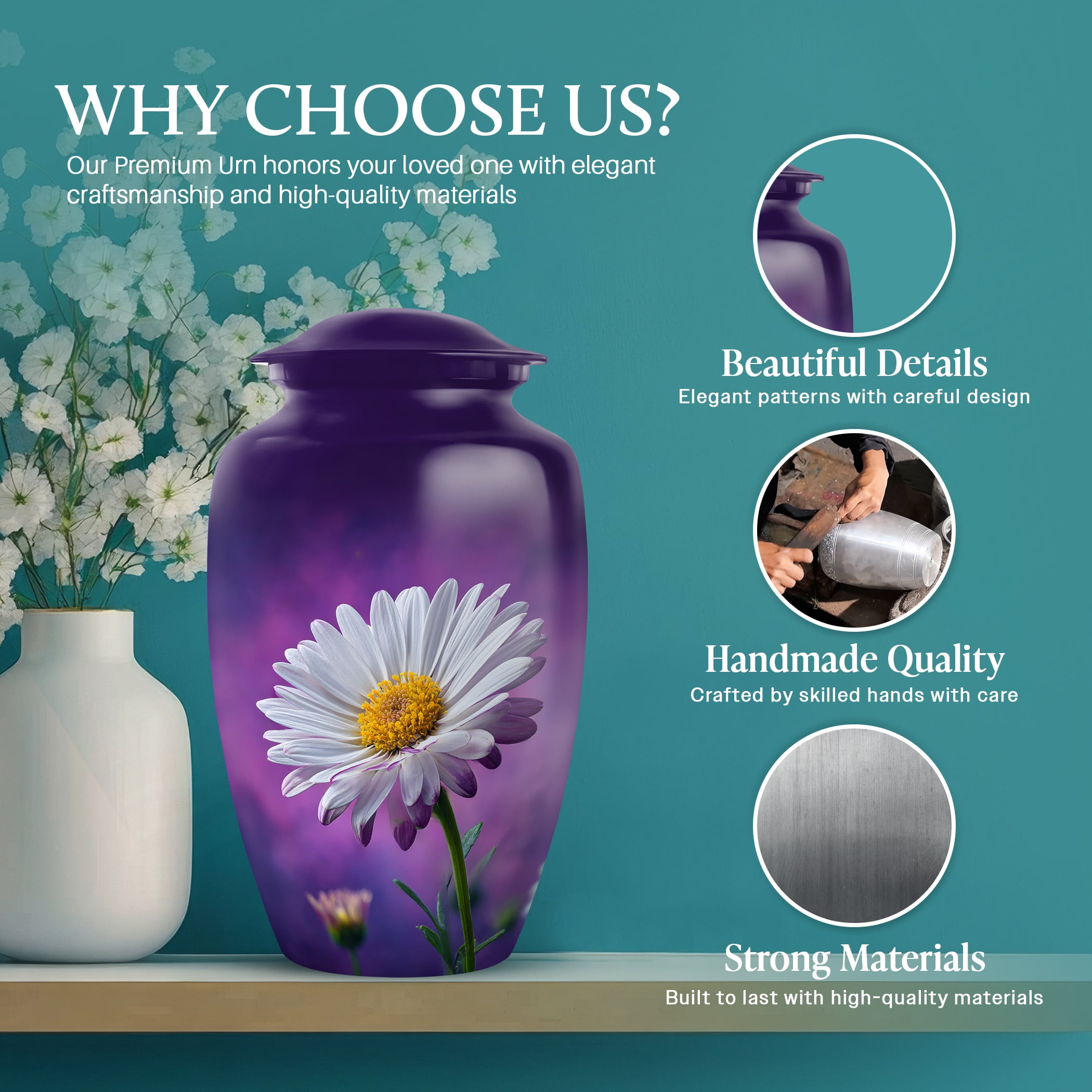 SABURIAL Daisy Urn - Decorative Handcrafted Memorial Urns For Men & Women Ash - Combo - 10 Inch Large & 3 Inch