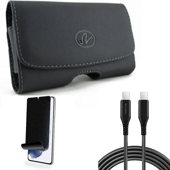 For Samsung Galaxy S21 (6.2") - [Fingerprint Works] TPU Film Privacy Screen Protector   Power PD Fast Charger Cord 10ft Long USB-C Cable   Swivel Leather Case Belt Clip