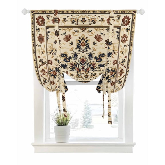 Boho Tie Up Curtains for Window, Thermal Insulated Balloon Shade Adjustable Rod Pocket Curtains Valance Panels for Kitchen Bathroom Cafe 52 x 45 Bohemian Flower Leaf Brown Tribal Patterns Ethnic