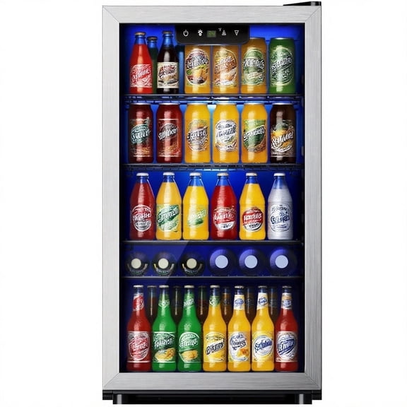 Simzlife Beverage Refrigerator and Cooler, 130 Can Mini fridge with Glass Door, Small Refrigerator with Adjustable Shelves for Soda Beer or Wine, Perfect for Home/Bar/Office, Silver