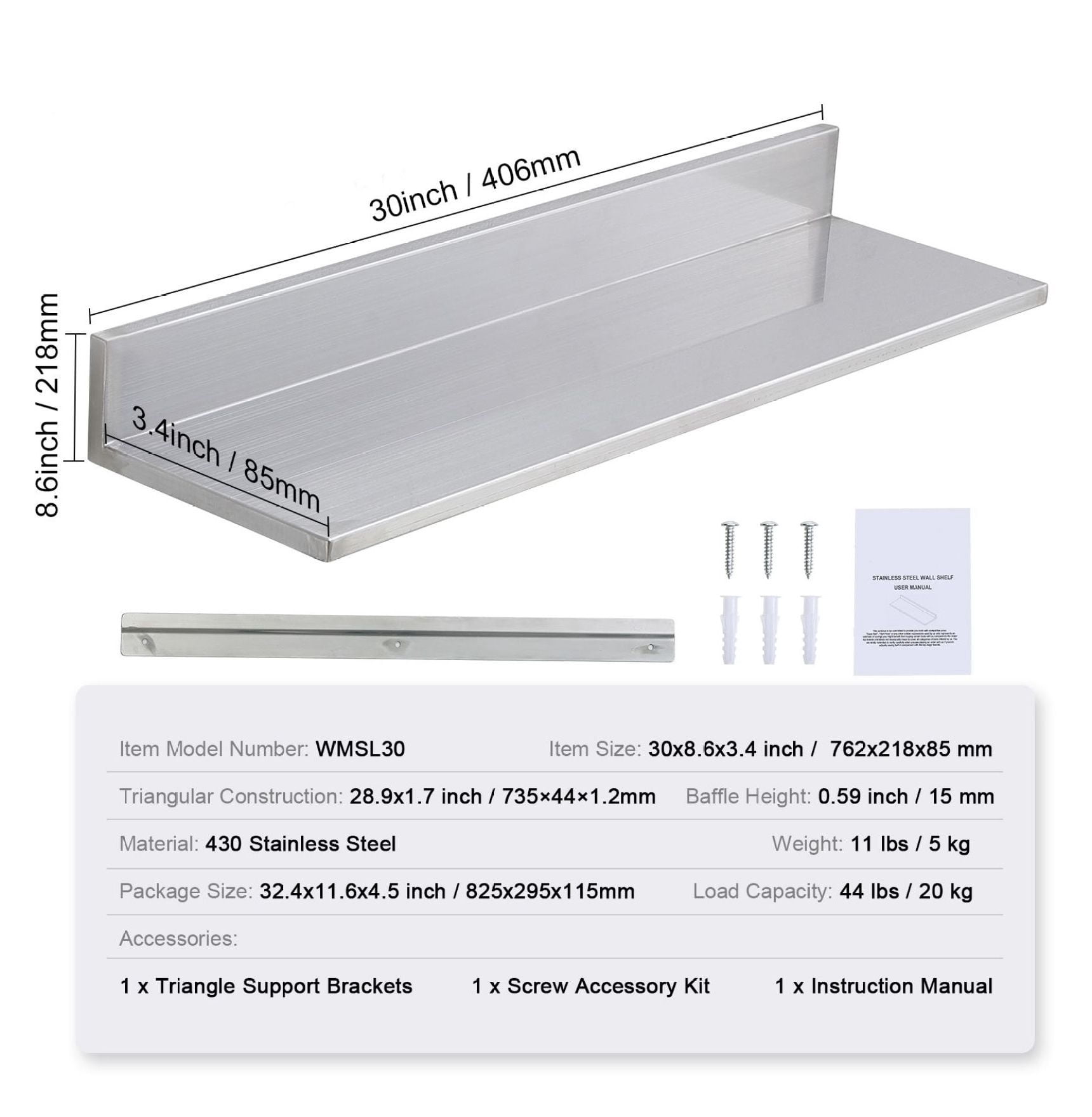Stainless Steel Shelf 8.6x30 inch, Wall Mounted Floating Shelves with Backsplash, 44lbs Capacity, Heavy Duty Storage for Kitchen, Restaurant, Bar & Hotel