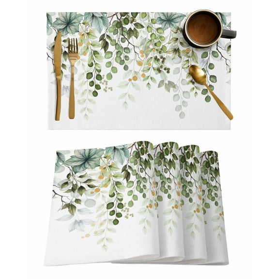 Eucalyptus Leaf Placemats Set of 4 Sage Green Leaves Branch Abstract Art Heat Insulation Washable Place Mats, Rustic Non-Slip Table Mats for Dining Table Party Kitchen Decor,13x19 Inch
