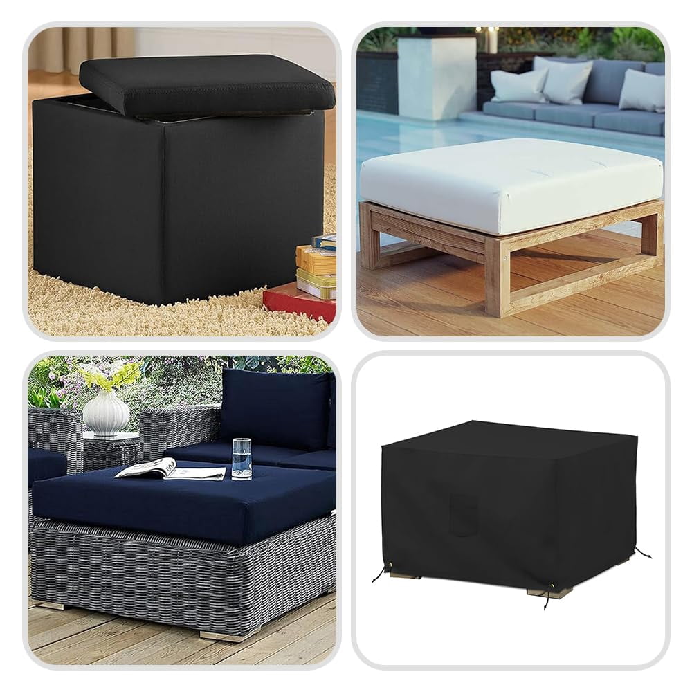 Covers & All Square Ottoman Cover, Heavy Duty 18 Oz Waterproof UV & Weather Resistant Patio Garden Furniture Stool Protector Indoor Outdoor with Air Vents & Drawstrings (23" L x 23" W x 18" H, Black)