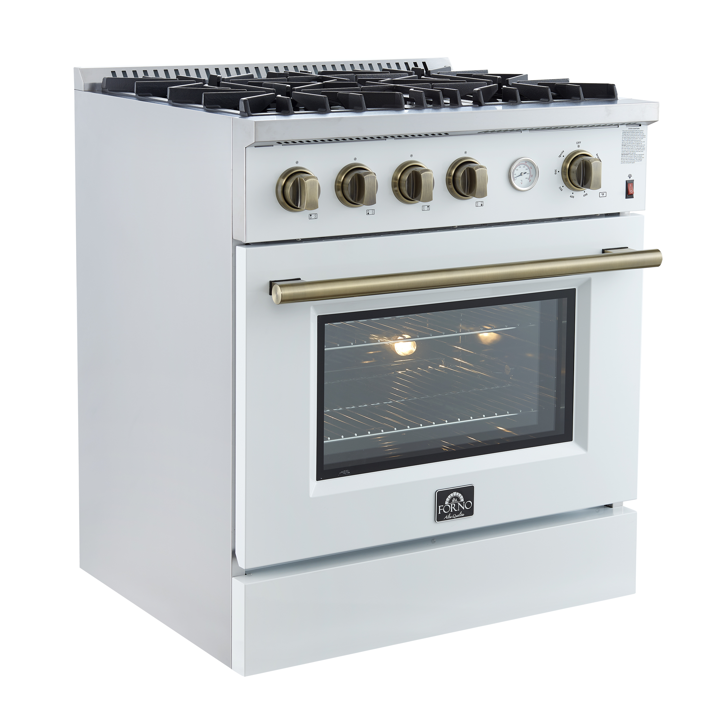 Marco 30-inch Gas Range White & Antique Brass Design, 4 Burners 37,000 BTU, 4.32 cu.ft. Convection Oven