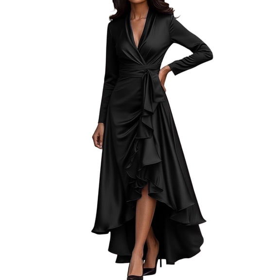 HNMKIU Elegant V Neck Waist Ruched Flutter Sleeve Midi Dress with Pleated Detail for Casual Everyday Black，L