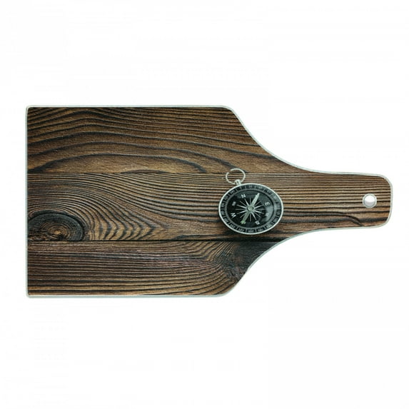 Compass Cutting Board, Navigator Tool on Wooden Backdrop from Above Vista Photo, Decorative Tempered Glass Cutting and Serving Board, in 3 Sizes, by Ambesonne