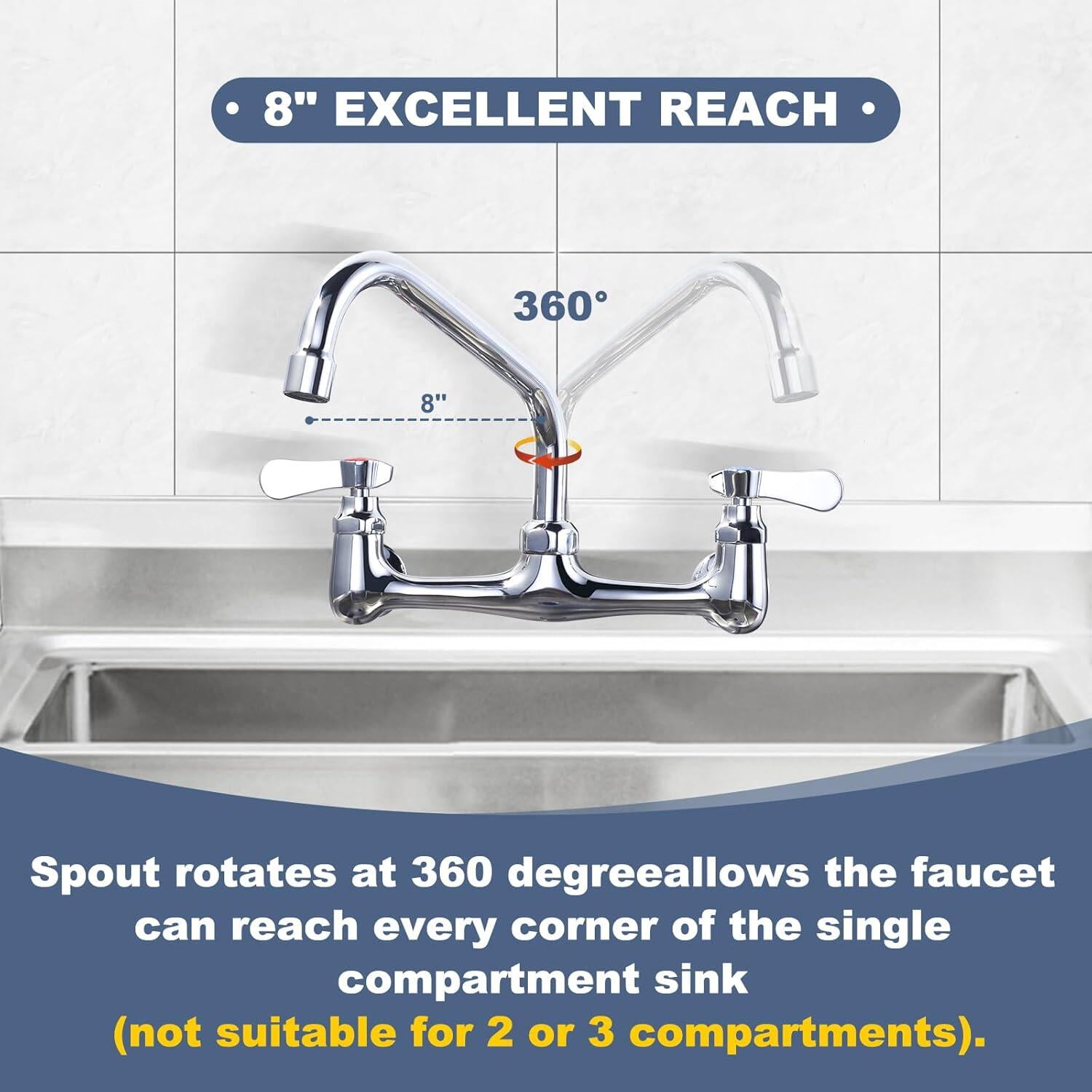 Chrome Commercial Sink Faucet with 8” Swivel Spout 8" Center Wall Mount Kitchen Faucet, Dual Handles Brass Utility Sink Faucet for Laundry Room Restaurant