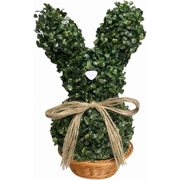 Bunny-Shaped Topiary Double Ball Tree Pot, 18'' Artificial Bowknot Faux Boxwood Topiaries Plant, Easter Supplies Indoor & Outdoor Faux Boxwood Topiary for Garden Porch Patio (1pc)
