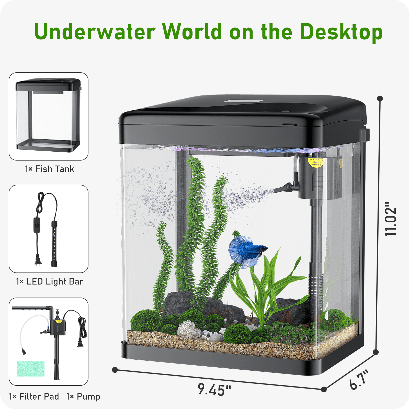 PONDON Fish Tank, 2 Gallon Glass Aquarium, 3 in 1 Fish Tank with Filter and Light, Desktop Small Fish Tank for Betta Fish, Shrimp, Goldfish (Black, 2 Gallon)