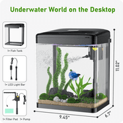 PONDON Fish Tank, 2 Gallon Glass Aquarium, 3 in 1 Fish Tank with Filter and Light, Desktop Small Fish Tank for Betta Fish, Shrimp, Goldfish (Black, 2 Gallon)