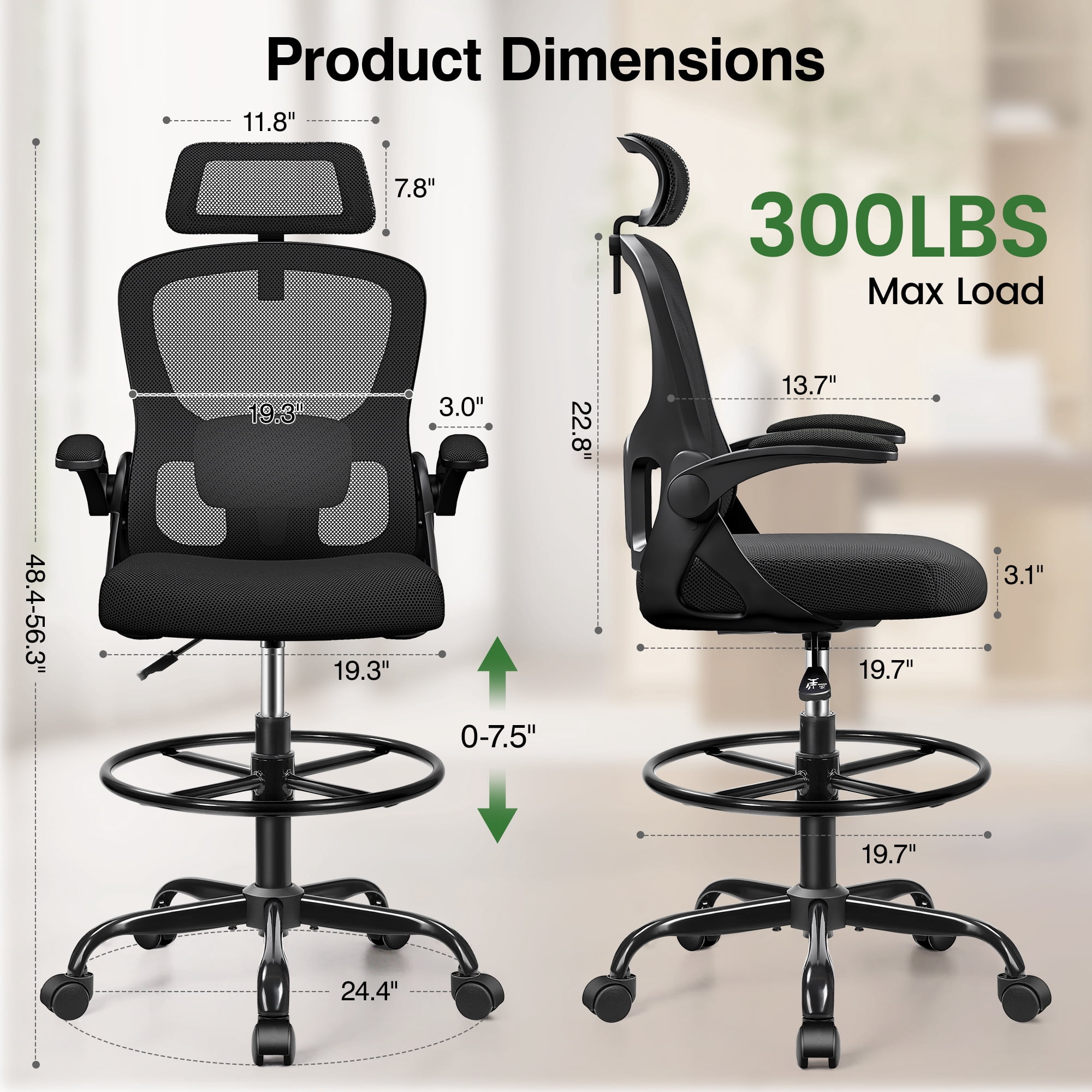 ATHOPE Office Chair Ergonomic Desk Chairs, Mesh Computer Chair with Headrest and Flip-up Arms, Adjustable Home Office Desk Chair with Lumbar Support Footrest Ring for Standing Desk, Black