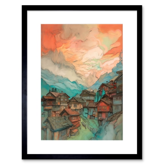 Pink Dawn Atmospheric Clouds Over Small Mountain Village in the Alps Modern Watercolour Painting Artwork Framed Wall Art Print 9X7 Inch