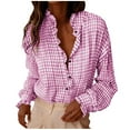thumbnail image 2 of Women's Button Up Plaid Shirt Ruffled V Neck Blouses Checkered Roll-Up Long Sleeve Casual Dressy Fall Spring Tops (XL, Pink), 2 of 5