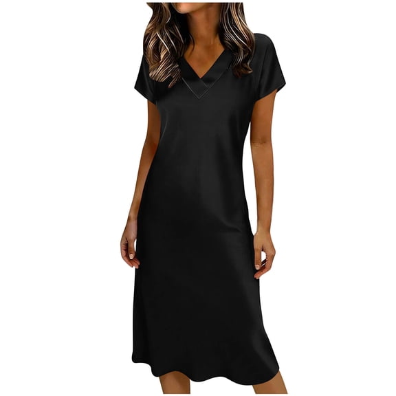 Women's Short Sleeve Summer Satin Midi Dress Pullover Loose V Neck Nightgown Elegant Formal Party Cocktail Dresses