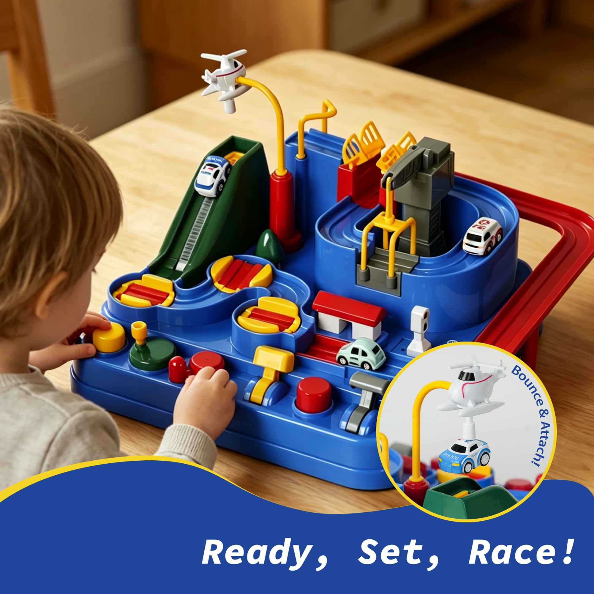 Easy Playhouse: Car Adventure Playset - Rescue Racetrack Station, 3 Mini Emergency Toy Vehicles, Interactive Levers & Obstacles, STEM Play, Kids 3+