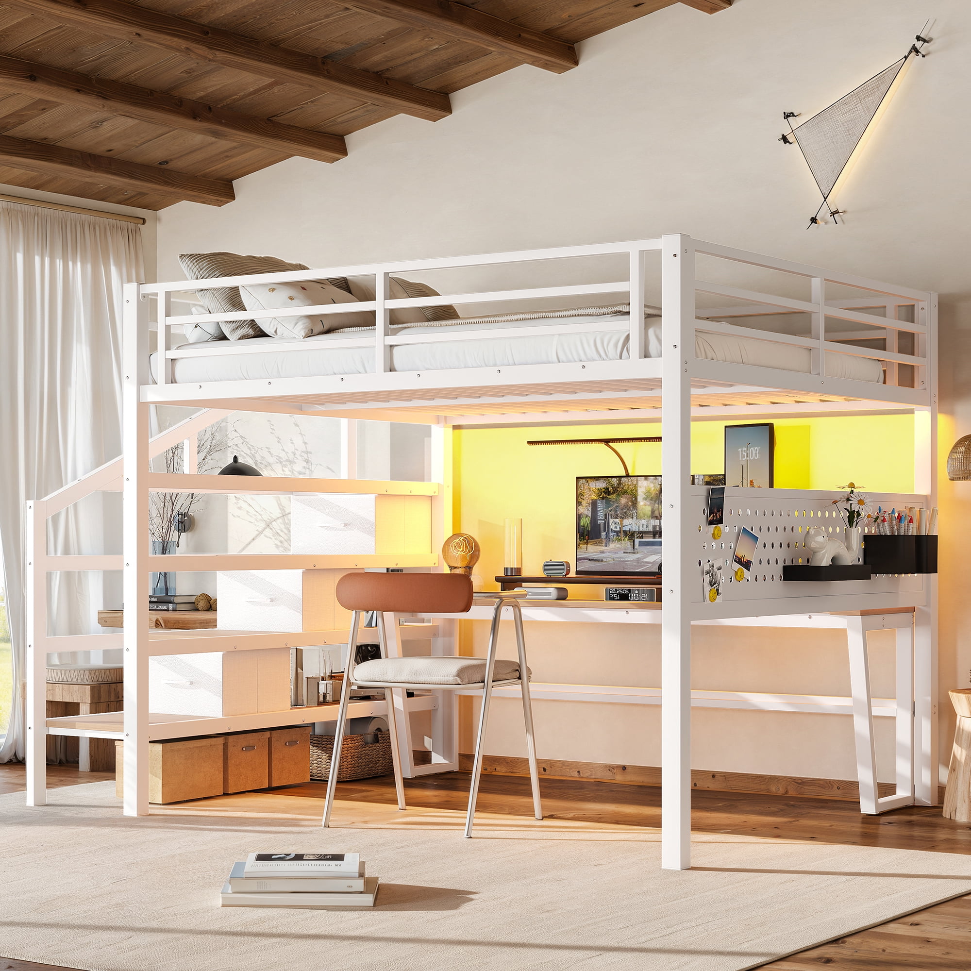 Leumius Queen Size Loft Bed with Storage Stairs and Movable Desk with USB,Metal Loft Bed Frame with 3 Fabric Drawers and LED, Full-Length Guardrail and Pegboard,Antique White