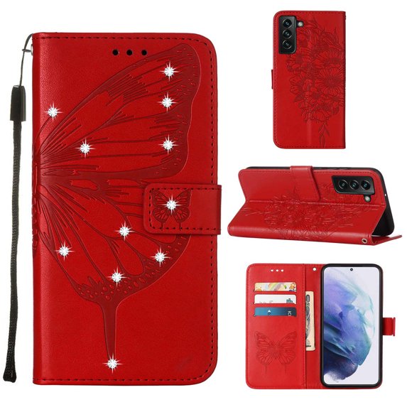 Nalacover for Samsung Galaxy S23 Plus Wallet Case, Rhinestone Butterfly& Flower Pattern Cover with Card Slots Holder Kickstand, Wrist Strap Handbag PU Leather Magnetic Clasp Shockproof Case, Red