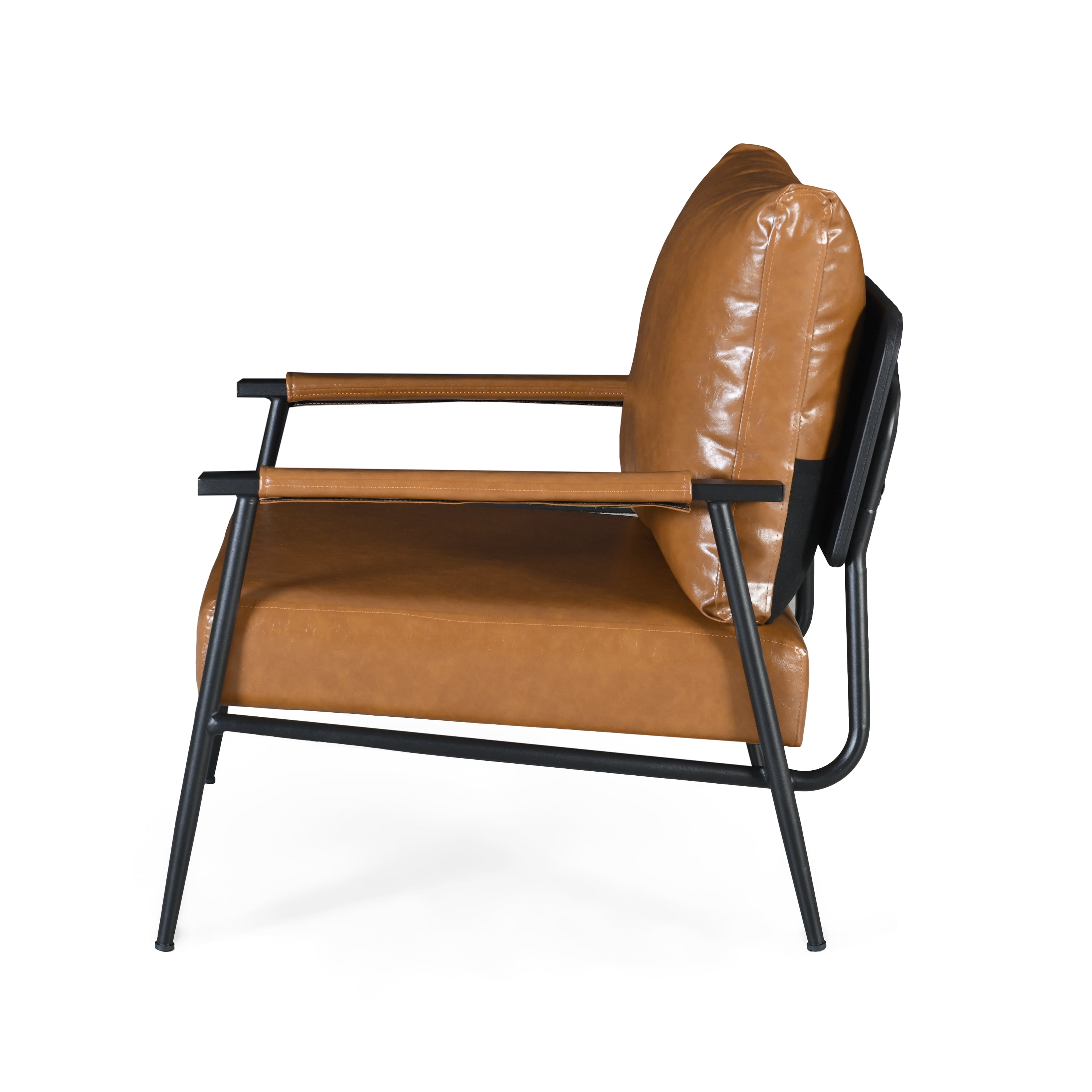 Euroco Industrial Faux Leather Lounge Chair with Iron Frame, High Back Accent Armchair with Padded Seat and Armrests for Living Room or Office