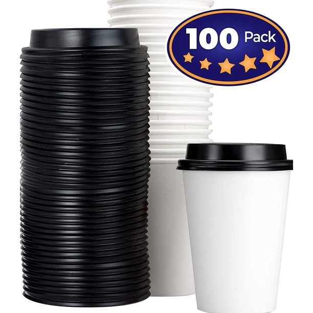 Restaurant Grade 12 Oz Paper Coffee Cups With Recyclable Dome Lids. 100