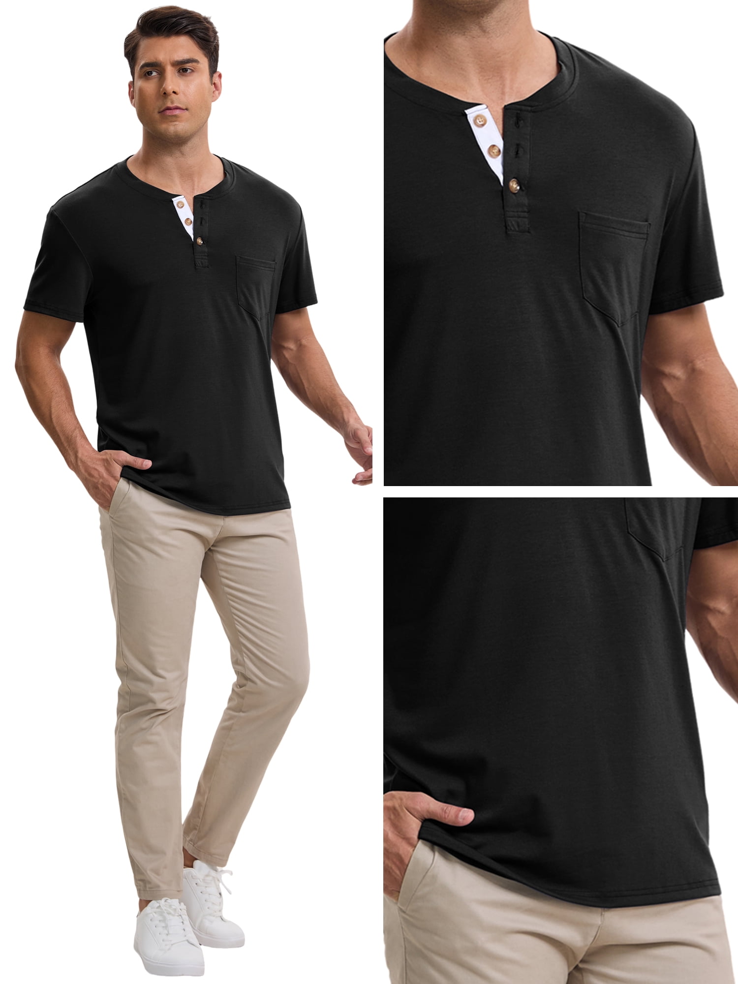 DARING DIVA Men's Casual Summer Short Sleeves Button Henley Basic Tee S Black