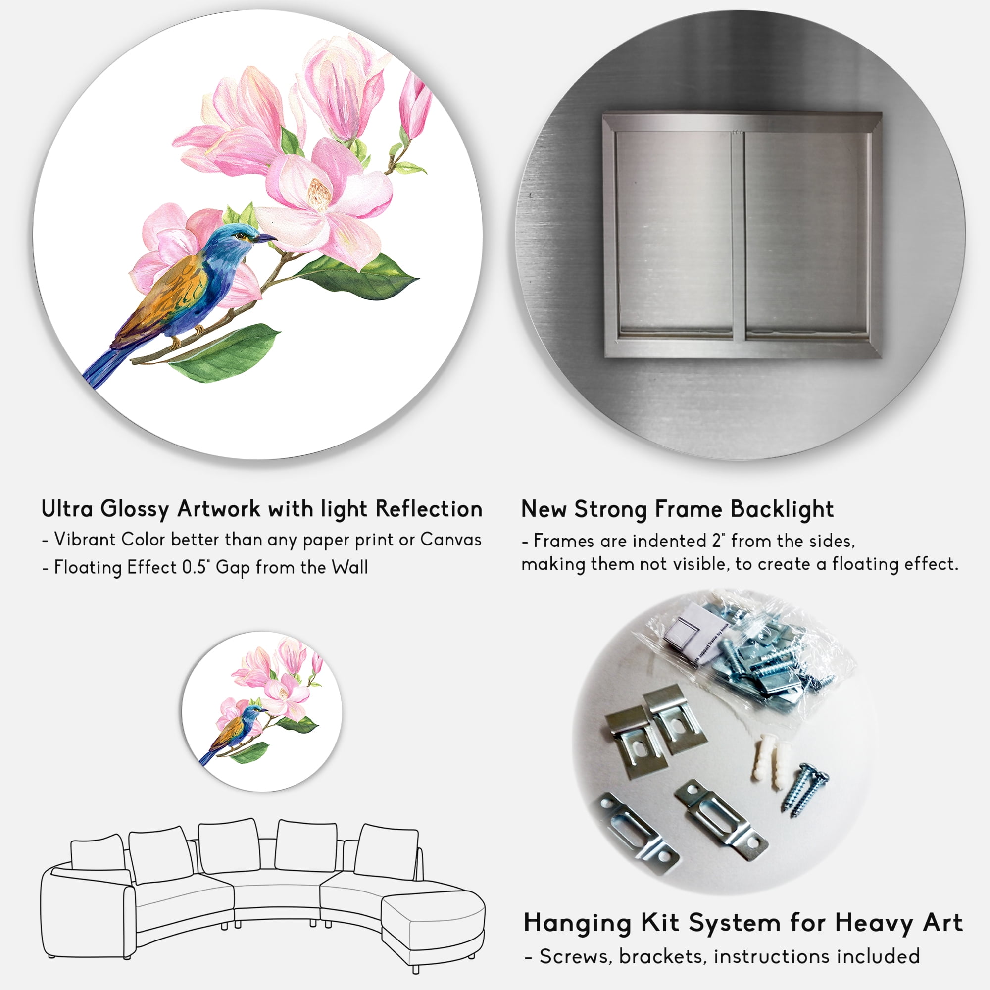 Designart 'Blue Bird Sitting On A Pink Magnolia' Traditional Circle Metal Wall Art 11x11 - Disc of 11