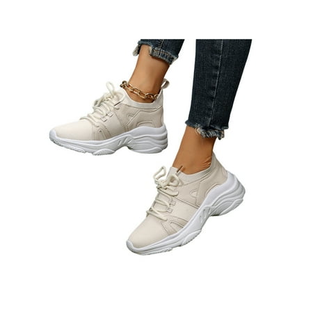 

Sanviglor Ladies Athletic Shoes Lace Up Sneakers Mesh Running Shoe Sport Thick Comfort Sock Sneaker Lightweight Slip On Trainers Beige 6.5
