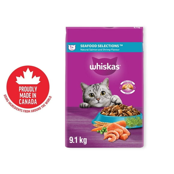 WHISKAS Nourriture Sèche pour Chats Adultes Sélections de Fruits de Mer, Saveur Naturelle de Saumon & de Crevettes 9.1kg