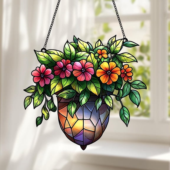 Flower Plant Pot Faux Stained Glass Suncatcher, Acrylic Floral Window Hanging for Garden Lovers, Colorful Flower Decor Gift for Mom