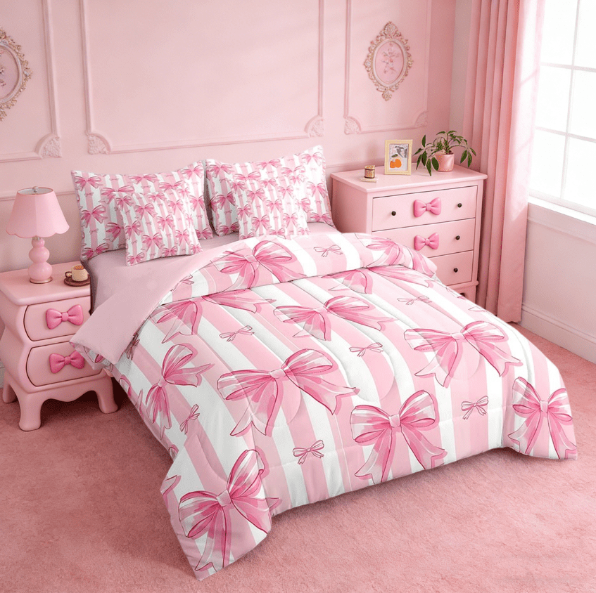 Manfei Kawaii Bow Twin Bedding Sets 7-Piece,Girls Bow Knot Bedding Comforter Set,Pink White Stripes Sheet Sets,Breathable Bedroom Decorative,Reversible