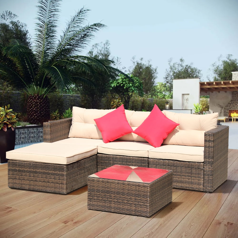 5 Pcs Outdoor Wicker Sofa Set, Pe Rattan Patio Sectional Set, Low Back