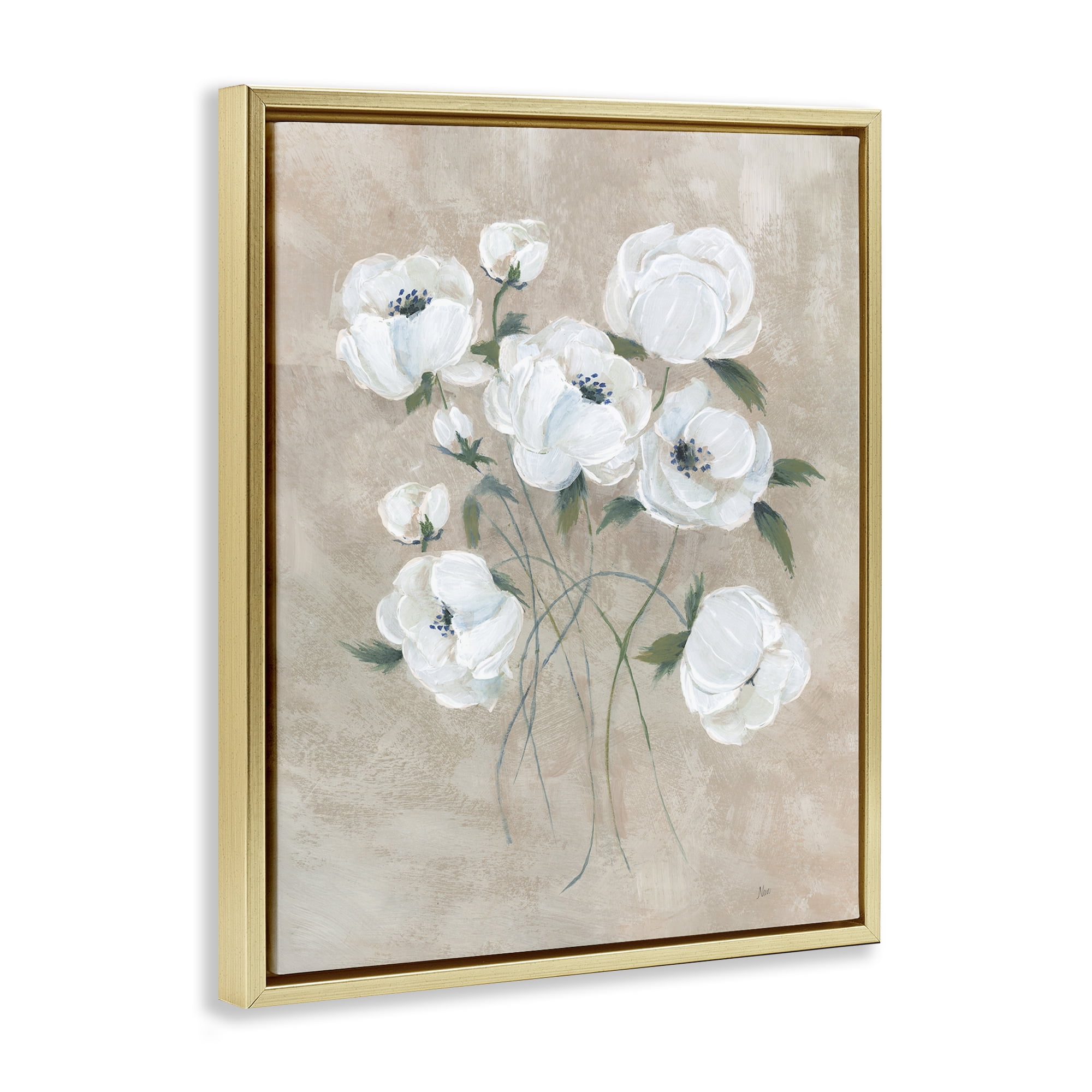 Stupell Industries Flowers on Neutral Beige Plants & Flowers Painting Gold Floater Framed Canvas Art Print Wall Art, 17 x 21