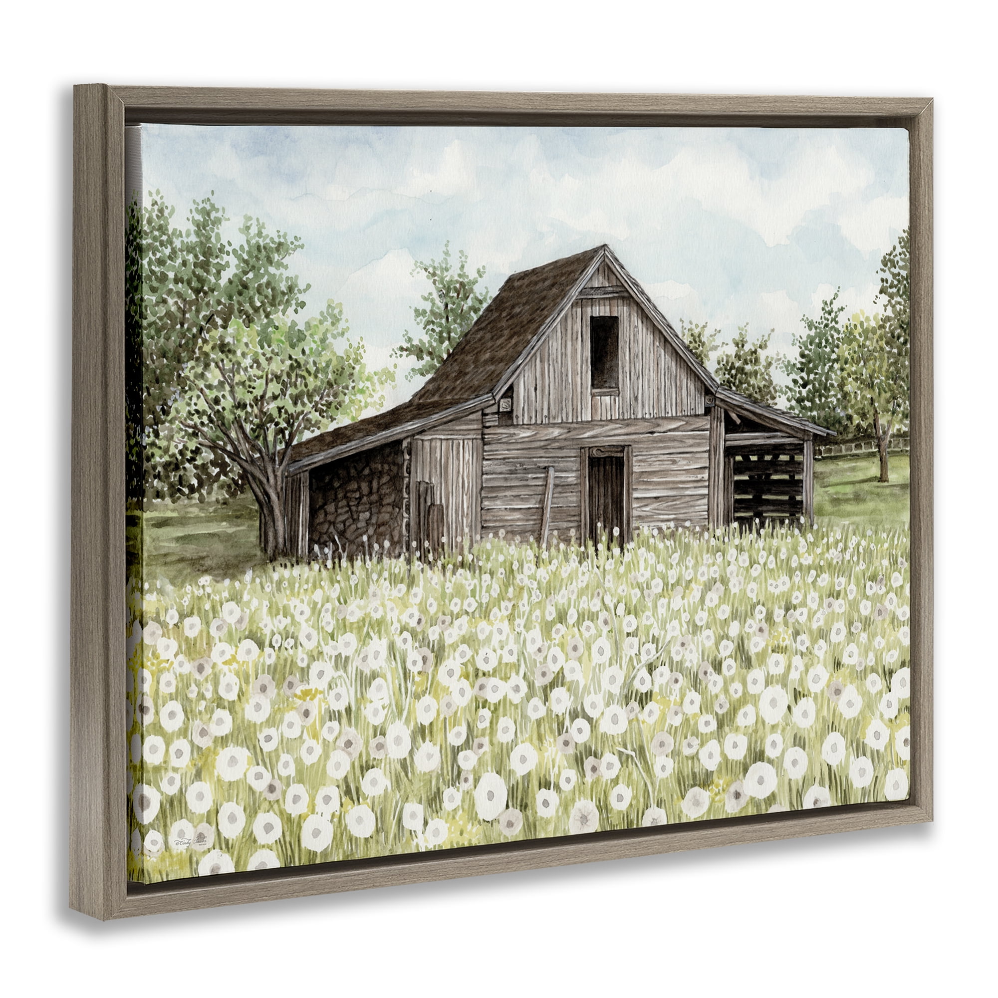 Stupell Industries White Poppy Farm Meadow Landscape & Nature Painting Brown Floater Framed Canvas Art Print Wall Art, 21 x 17