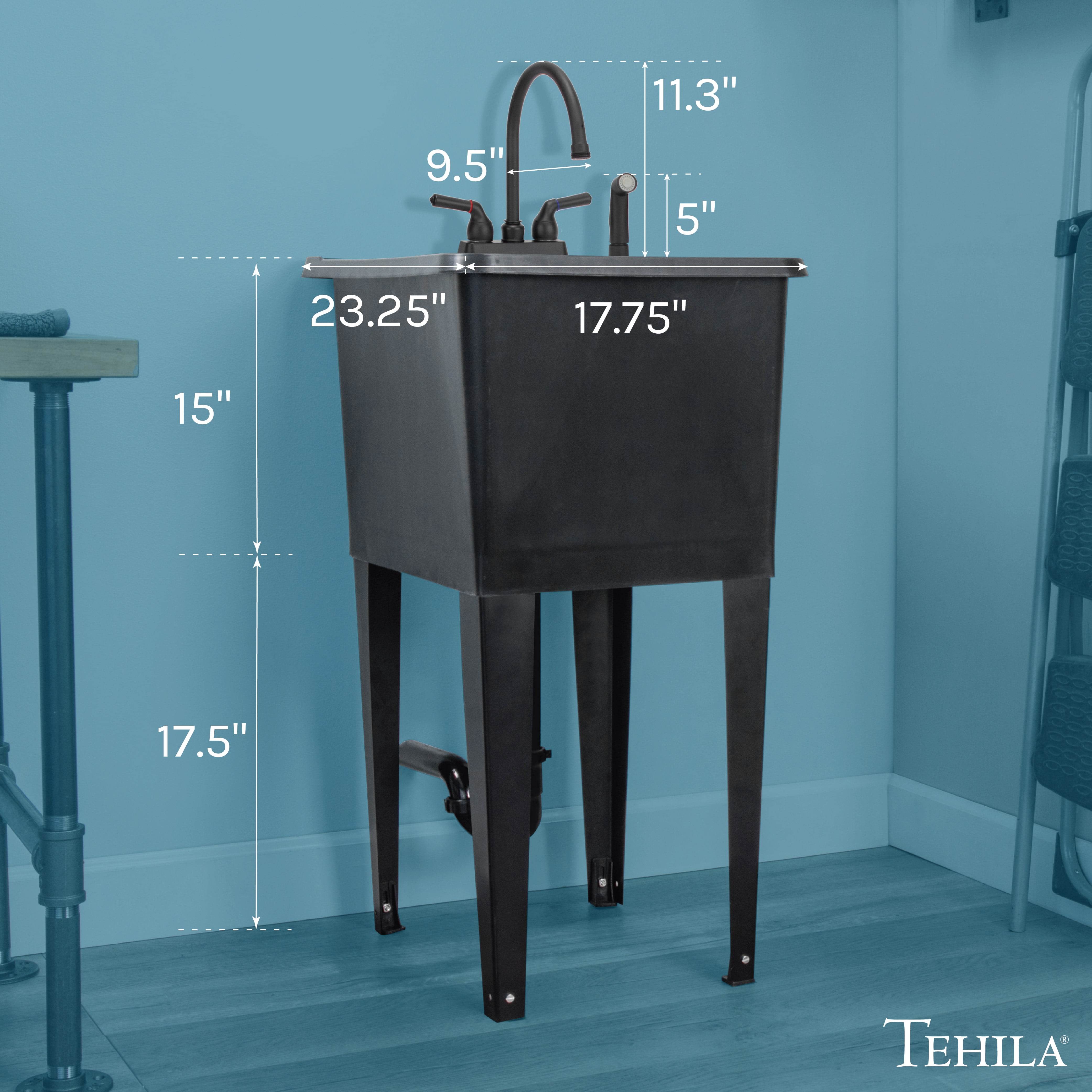 TEHILA Space Saver 16 Gallon Black Utility Sink with Black Faucet & Side-Sprayer
