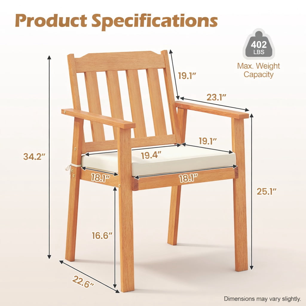 Hommoo 2-Pack Outdoor Dining Chairs, Acacia Wood Patio Chairs with Washable Cushions for Backyard, Garden & Balcony, White