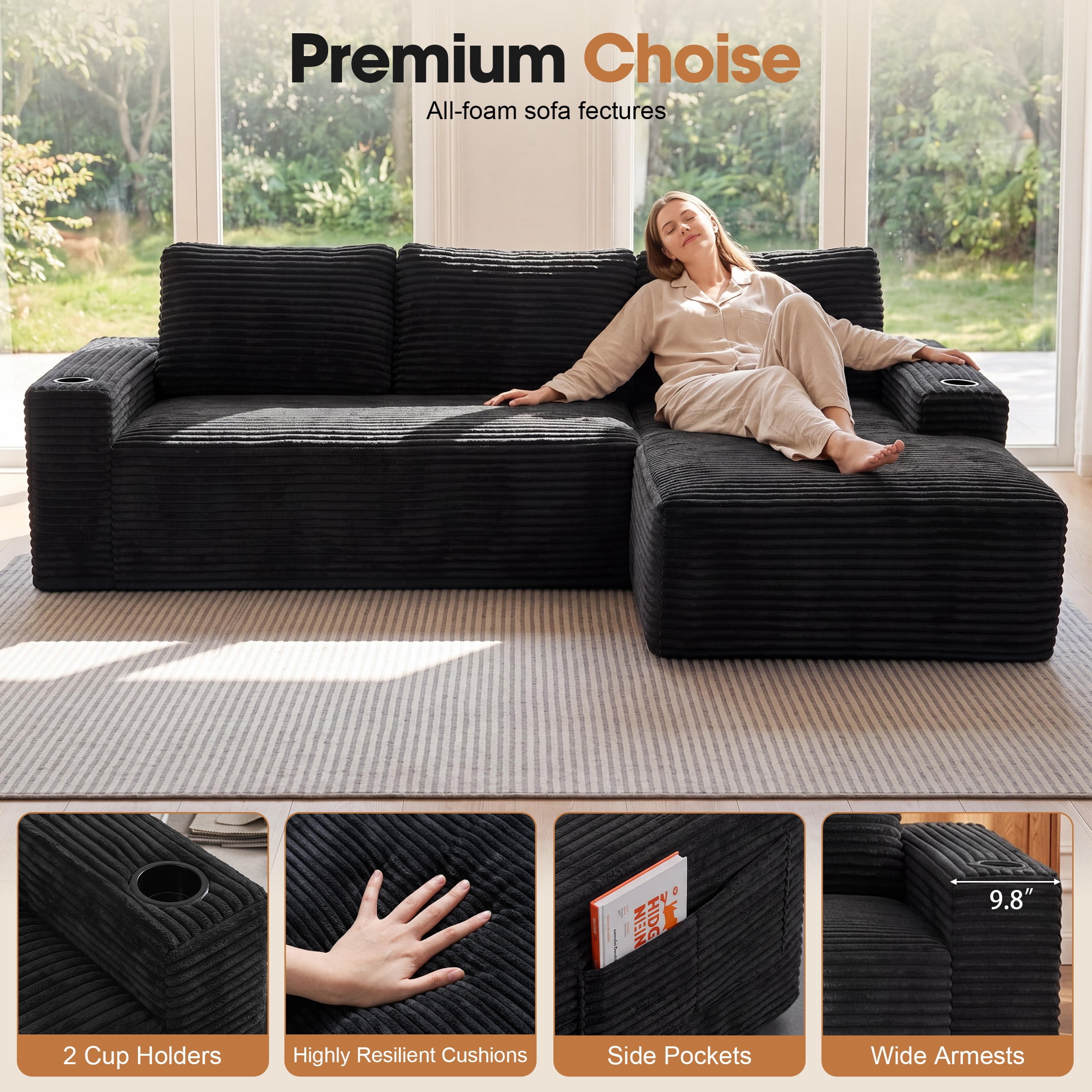 Aenkyo 104 Inch Corduroy L-Shaped Cloud Sectional Sofa with Right Facing Chaise and Cup Holders, Black