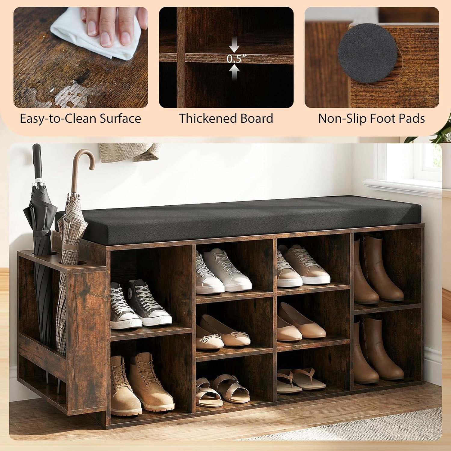 Shoe Storage Bench with Umbrella Holder, 40" Shoe Organizer with Cushioned Seat, 10 Cubbies & Adjustable Shelves, Wooden Industrial Shoe Rack for Entryway, Living Room, Bedroom
