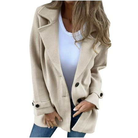 GaThRRgYP New Arrival Women Wool Trench Coat Autumn Winter Warm,Women's Woolen Coat Casual Loose Lapel Fake Pocket Cardigan Long Sleeve Hoodless Casual Coat/jacket Beige S