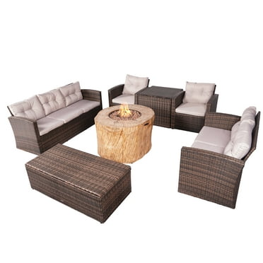 7-Piece Patio Brown Rattan Conversation Sofa Set with Round Fire Pit Table
