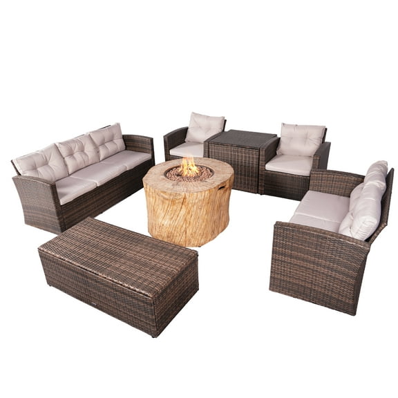 7-Piece Patio Brown Rattan Conversation Sofa Set with Round Fire Pit Table