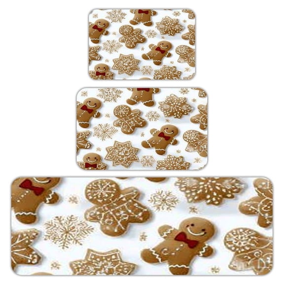 RKSupls Kitchen Rug Set 3 Piece Anti-Slip Flannel Floor Mats, Gingerbread Snowflake Washable Absorbent Runner Mats for Kitchen Bathroom Home Decor