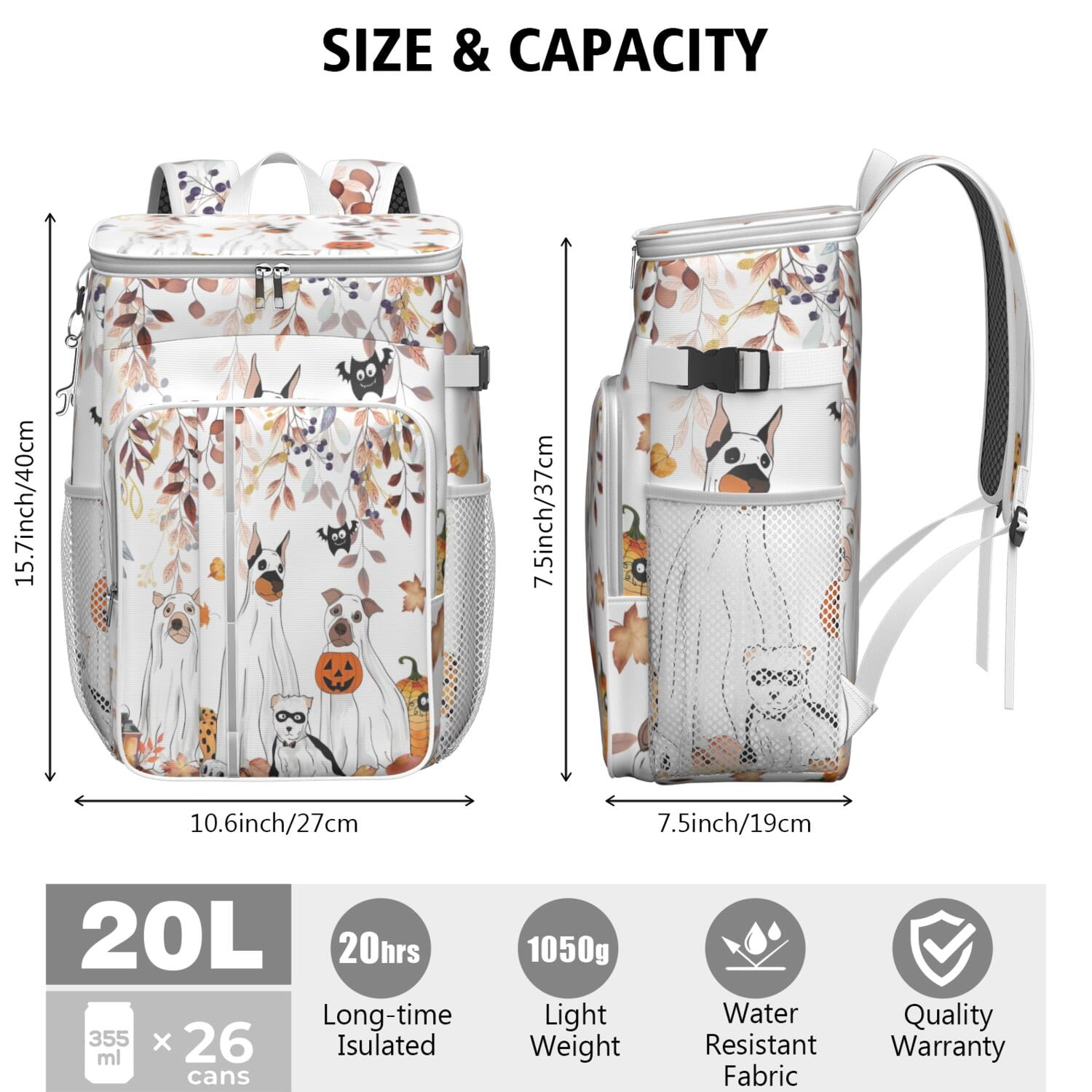 Travel Cooler Bag - Halloween Dogs in Ghost Costumes Camping Beer Cooler Backpack with Bottle Opener- Waterproof Insulated Picnic Backpacks - Cooler Bag for Beach