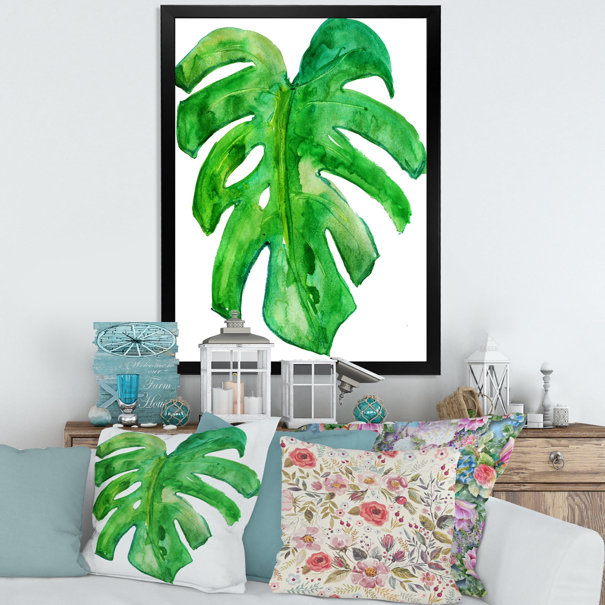 Designart 'Close Up Of Tropical Leaf Of Monstera I' Farmhouse Framed Art Print
