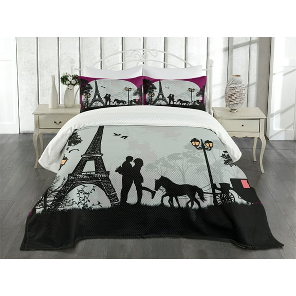 Ambesonne Romantic Quilted Bedspread Set 3 Pcs, Couple with Full Moon, Queen Size, Fuchsia Grey Black