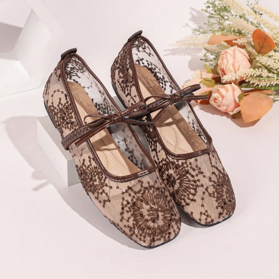 Domuza Women’s Floral Lace Mesh Ballet Flats, Bow Square Toe Breathable Slip On Low Heel Dress Shoes Brown 7.5(EU-39)