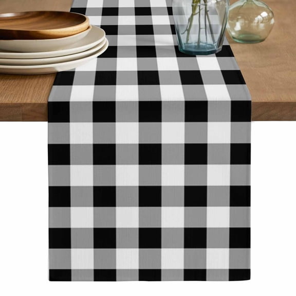 Black and White Plaid Table Runner, Farmhouse Checkered Buffalo Washable Cotton Linen Table Runners 90 Inches Long, Dresser Scarf Runner for Dining/Coffee/Kitchen/Hallway Tables 13''x90''