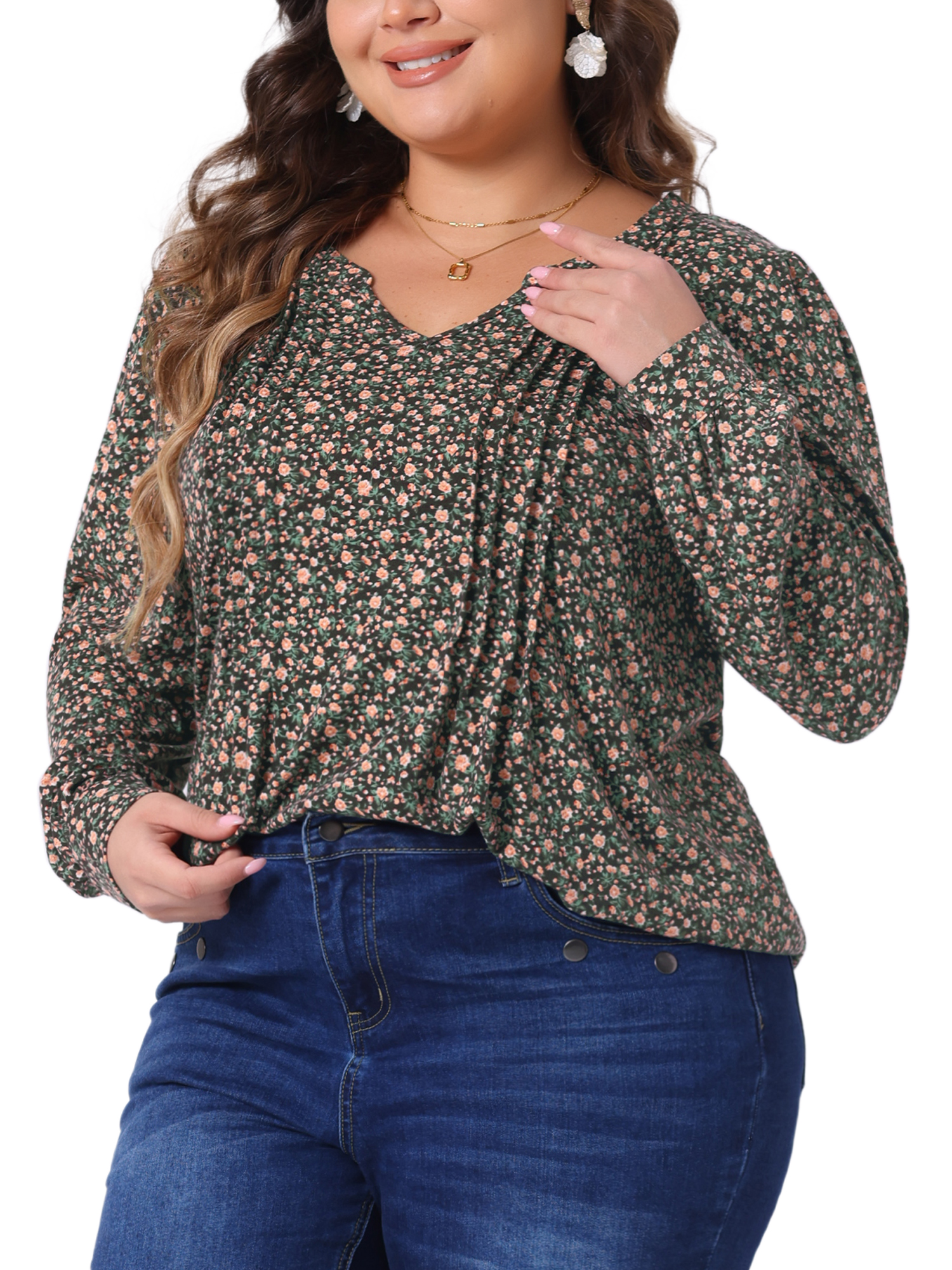 DARING DIVA Women's Plus Pleated Notch V Neck Floral Tunic Blouse 3X Brown Orange