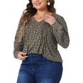 thumbnail image 2 of DARING DIVA Women's Plus Pleated Notch V Neck Floral Tunic Blouse 1X Brown Orange, 2 of 6
