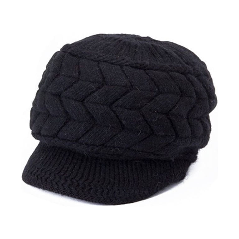 Women Winter Warm Knit Hat Wool Snow Ski With Visor (Black 