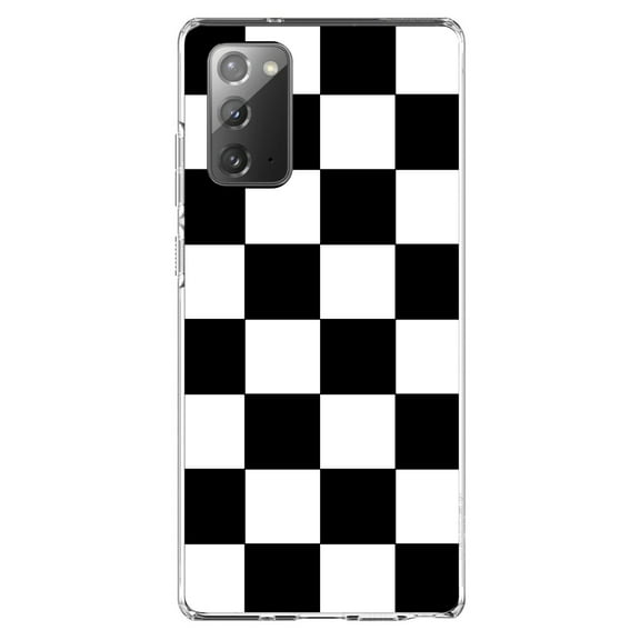 DistinctInk Clear Shockproof Hybrid Case for Samsung Galaxy Note 20 (6.7" Screen) - TPU Bumper, Acrylic Back, Tempered Glass Screen Protector - Black White Checkered Flag Geometric - Checkered Pattern