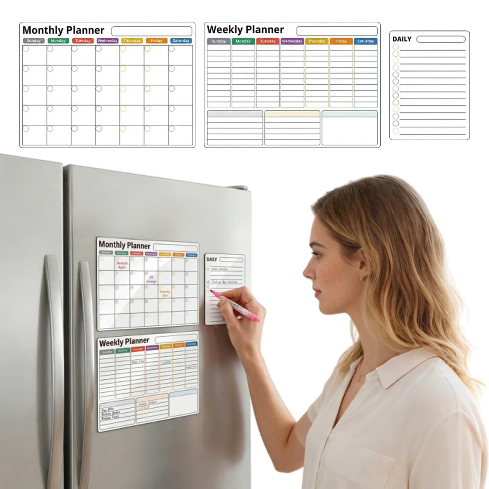 Magnetic Weekly Planner for Fridge, 2025-2026 Planner Weekly and Monthly, 3 Pc Pack, Multitone, Refrigerator Organization, Dry Erase Markers
